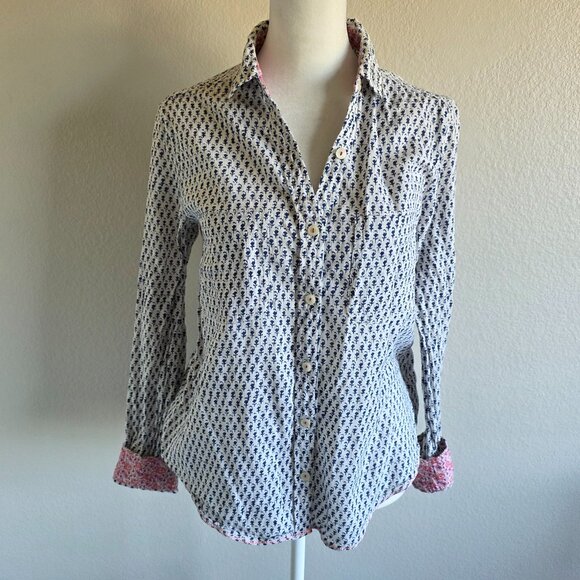 Holding Horses Anthropologie Blue White Tiny Floral Button Down Top Shirt Size 6 - Picture 1 of 9